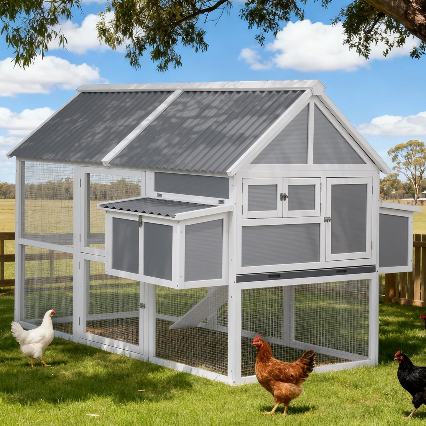 i.Pet Chicken Coop Large Outdoor Rabbit Hutch Chook House Hatch Box With Run Grey White - Macaw And Friends