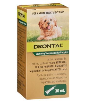 Macaw and Friends Drontal Suspension Syrup for Puppies, 30ml, showing a clear liquid medication bottle with puppy-friendly packaging.
