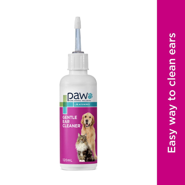 Paw Gentle Ear Cleaner for Cats and Dogs by Macaw And Friends, 120ml bottle with a nozzle for safe ear cleaning.