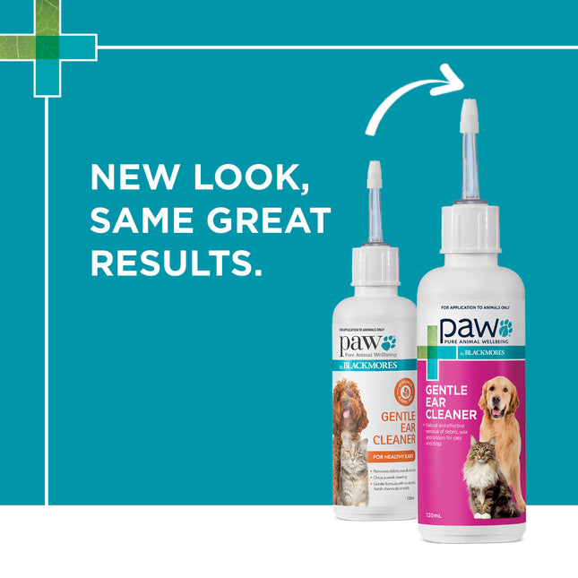 Macaw and Friends Paw Gentle Ear Cleaner for cats and dogs, 120ml, showing the bottle and applicator in a clean setting.