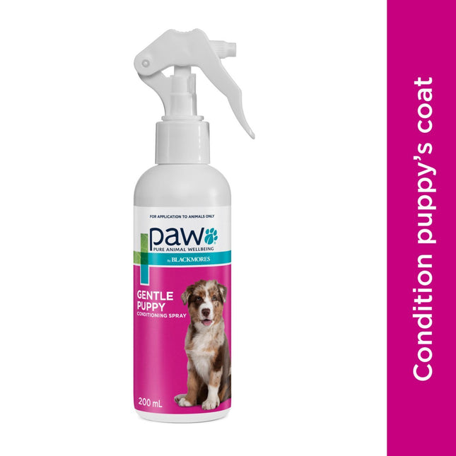 Macaw and Friends PAW Puppy Conditioning Spray leave-in detangler in 200ml bottle, gentle for puppies' coats and easy to use.