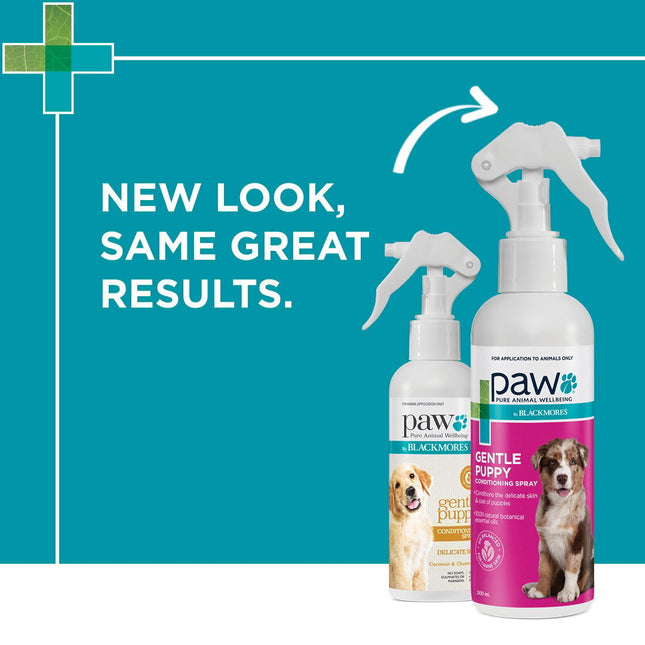 Macaw and Friends PAW Puppy Conditioning Spray bottle with spray nozzle, designed for detangling and conditioning puppies' coats.