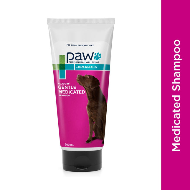 Macaw and Friends PAW MediDerm Shampoo 200ml bottle with label, designed for pet skin care and gentle cleansing.