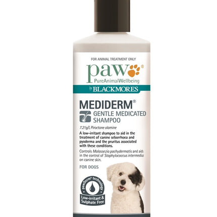 Macaw and Friends PAW MediDerm Shampoo 500ml bottle, gentle pet skin care product with label and pump dispenser.