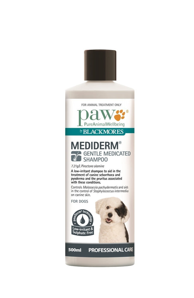 Macaw and Friends PAW MediDerm Shampoo 500ml bottle, gentle pet skin care product with label and pump dispenser.
