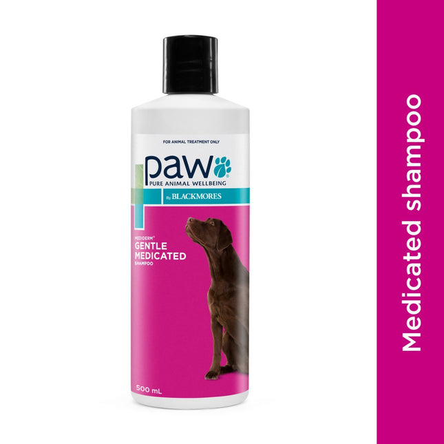 Macaw And Friends PAW MediDerm Shampoo bottle, 500ml, with label showing product name and branding on a plain background.