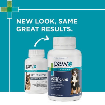 Macaw And Friends PAW Osteosupport joint health capsules for dogs, showing 80 capsules in a container.