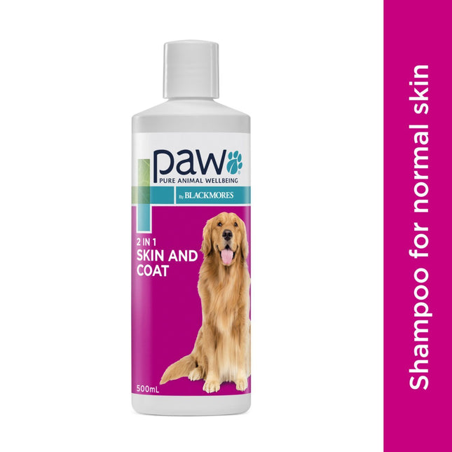 Macaw And Friends PAW 2-in-1 Conditioning Shampoo bottle, 500ml, with label featuring pet-friendly ingredients and vibrant design.