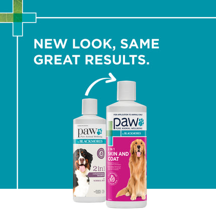 Macaw and Friends PAW 2-in-1 conditioning shampoo bottle, 500ml, with label showing gentle pet hair care formula.