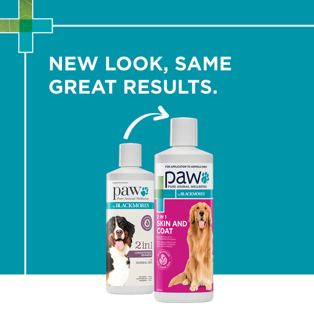 Macaw and Friends PAW 2-in-1 conditioning shampoo bottle, 500ml, with label showing gentle pet hair care formula.