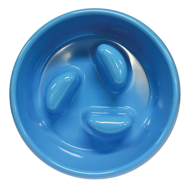 Blue round slow down dog bowl by Macaw And Friends, designed to reduce feeding speed in pet care and dog feeding.