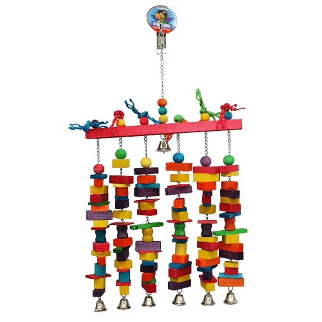 Cheeky Bird 6 Stack With Bells Jumbo for parrots, bird cage accessory with colorful stacking blocks and bells by Macaw And Friends.