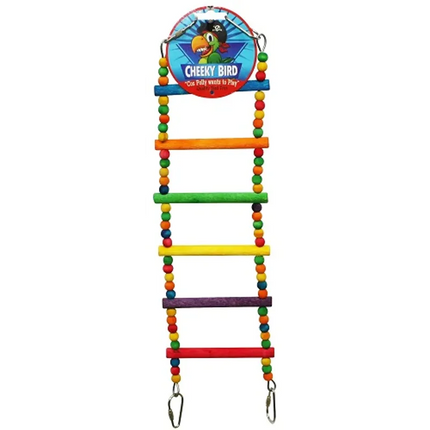 Cheeky Bird 6-step ladder with beads for bird cage, made by Macaw and Friends, featuring colorful beads and wooden steps.