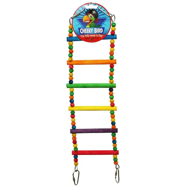 Cheeky Bird 6-step ladder with beads for bird cage, made by Macaw and Friends, featuring colorful beads and wooden steps.