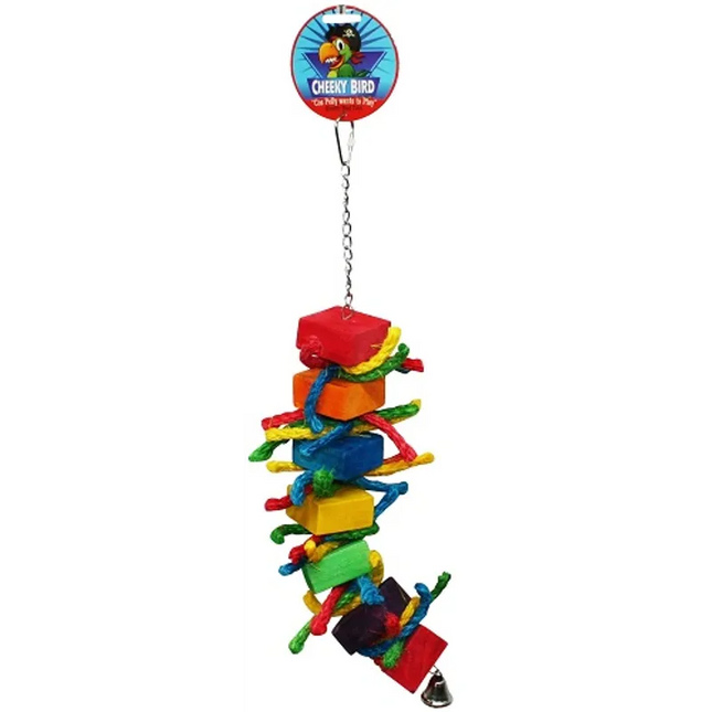 Medium Cheeky Bird Block and Rope with Bell by Macaw and Friends, featuring a colorful bird cage accessory with a bell and textured rope.