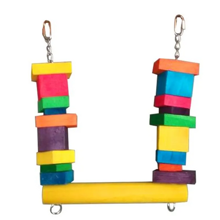 Macaw And Friends Cheeky Bird Block Swing hanging inside a bird cage, wooden and colorful bird cage accessory for pet birds.