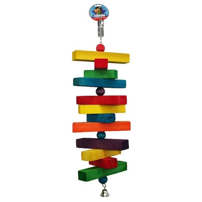 Colorful Cheeky Bird Block Stack Jumbo bird cage accessory by Macaw and Friends, featuring stacked wooden blocks for bird enrichment.