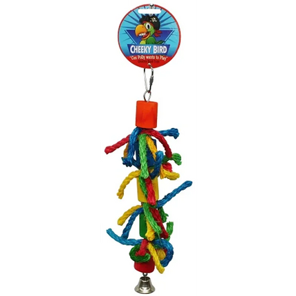 Medium Cheeky Bird Cylinder and Rope with Bell by Macaw and Friends, featuring a colorful bird cage accessory with a bell.