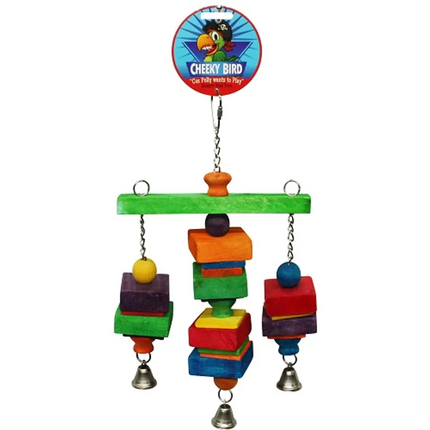 Medium Cheeky Bird Hanging Tri-Bell by Macaw And Friends, colorful metal bird cage accessory with a bell for pet birds.