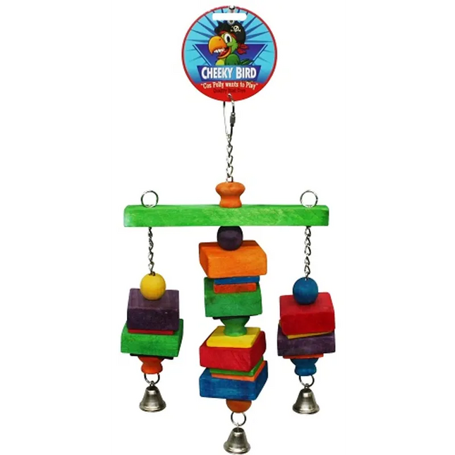 Medium Cheeky Bird Hanging Tri-Bell by Macaw And Friends, colorful metal bird cage accessory with a bell for pet birds.