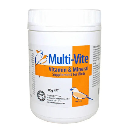 Passwell Multi-Vite bird supplement in 80g container, designed for pet birds, with colorful packaging and label details.
