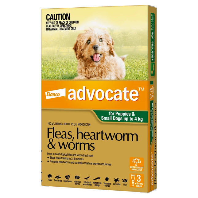 Three-pack of Macaw and Friends Advocate flea and wormer spot-on for dogs up to 4kg, showing applicator bottles and product packaging.