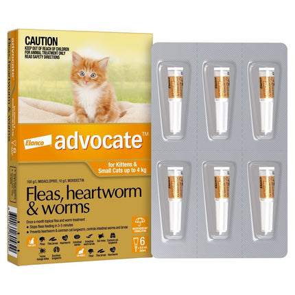 Macaw and Friends Advocate flea and wormer spot-on for small cats under 4kg, 3-pack, showing the product bottles in front.