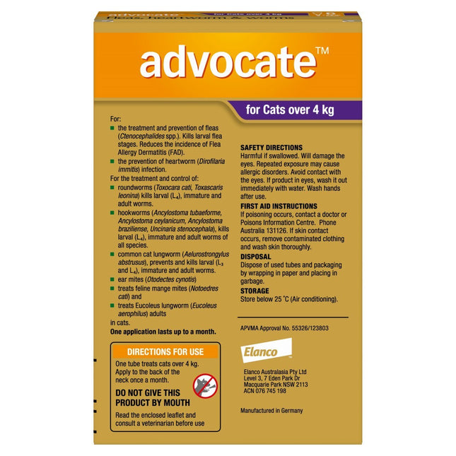 Six packs of Macaw and Friends Advocate flea and wormer spot-on treatment for cats over 4kg, with applicator bottles visible.
