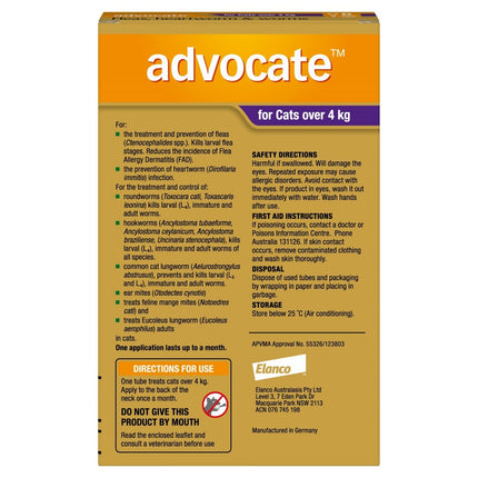 Advocate Flea and Wormer Spot-on for cats over 4kg, 3-pack, showing applicator bottles for feline parasite prevention.