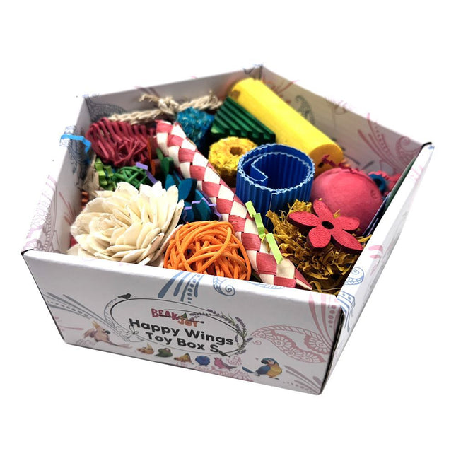 Macaw And Friends Beak Joy Happy Wings Toy Box S with colorful bird toys inside for small pet birds.