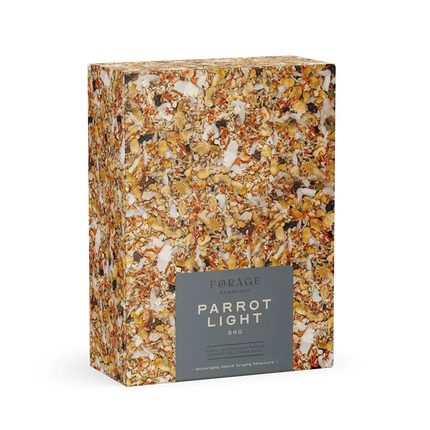 Macaw and Friends Forage Everyday Parrot Light 5Kg bird cage accessory with colorful forage mix in a container.