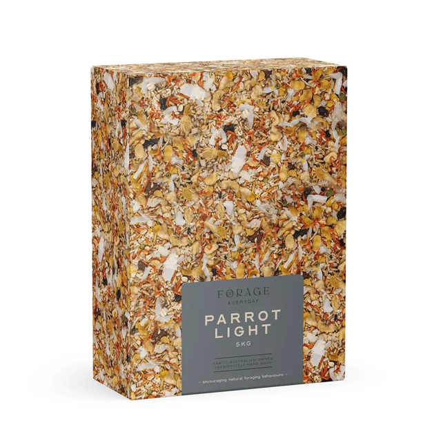 Macaw and Friends Forage Everyday Parrot Light 5Kg bird cage accessory with colorful forage mix in a container.