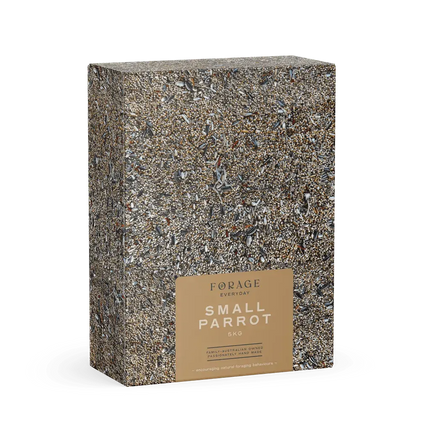 Small parrot forage mixture in a clear container, designed for pet bird cage accessories by Macaw And Friends.