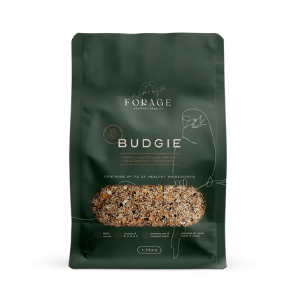 Forage Gourmet Budgie in a cage accessory by Macaw And Friends, featuring natural bird treats and foraging materials.