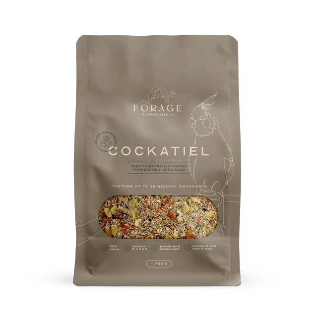 Forage Gourmet Cockatiel bird food in 1.75kg bag, suitable for pet bird cage accessories, by Macaw And Friends.