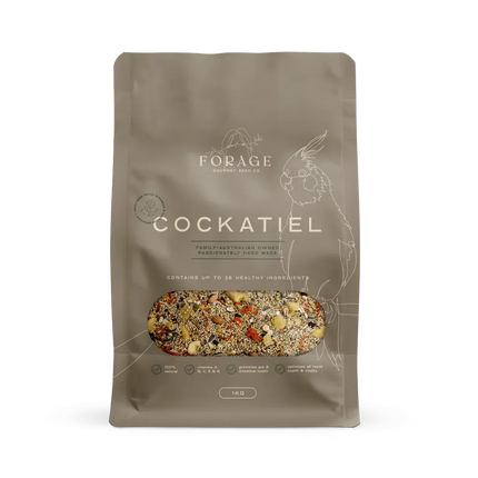 Forage Gourmet Cockatiel bird food in 1kg package by Macaw And Friends, designed for healthy bird nutrition.