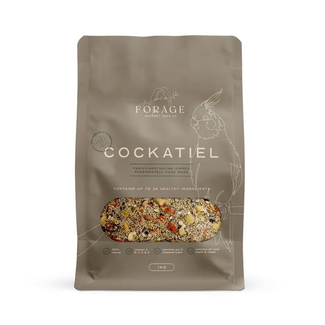 Forage Gourmet Cockatiel bird food in 1kg package by Macaw And Friends, designed for healthy bird nutrition.