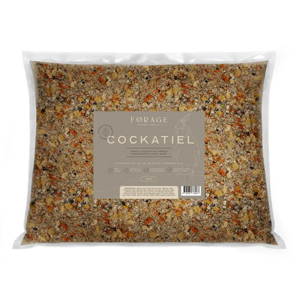 Forage Gourmet Cockatiel 5kg bird food bag from Macaw and Friends, designed for pet bird nutrition and cage feeding.