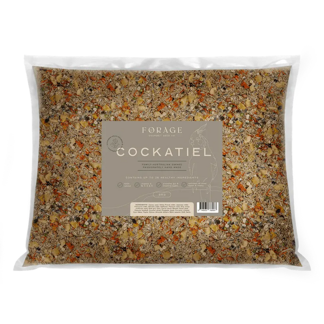 Forage Gourmet Cockatiel 5kg bird food bag from Macaw and Friends, designed for pet bird nutrition and cage feeding.