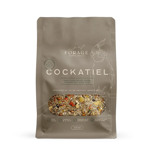 Forage Gourmet Cockatiel bird food in 500g package by Macaw And Friends, suitable for pet bird cage feeding.