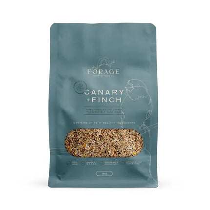 Forage Gourmet Canary & Finch 1kg bird cage accessory by Macaw And Friends, showing a bag of bird food for canaries and finches.