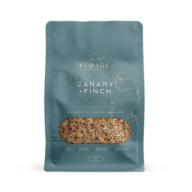 Forage Gourmet Canary & Finch 1kg bird cage accessory by Macaw And Friends, showing a bag of bird food for canaries and finches.