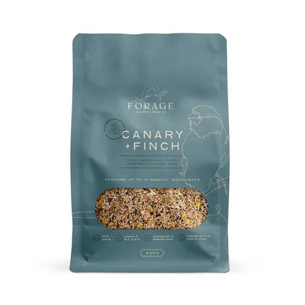 Forage Gourmet Canary and Finch 500g bird cage accessory by Macaw and Friends, showing colorful bird treats and foraging mix in a clear bag.