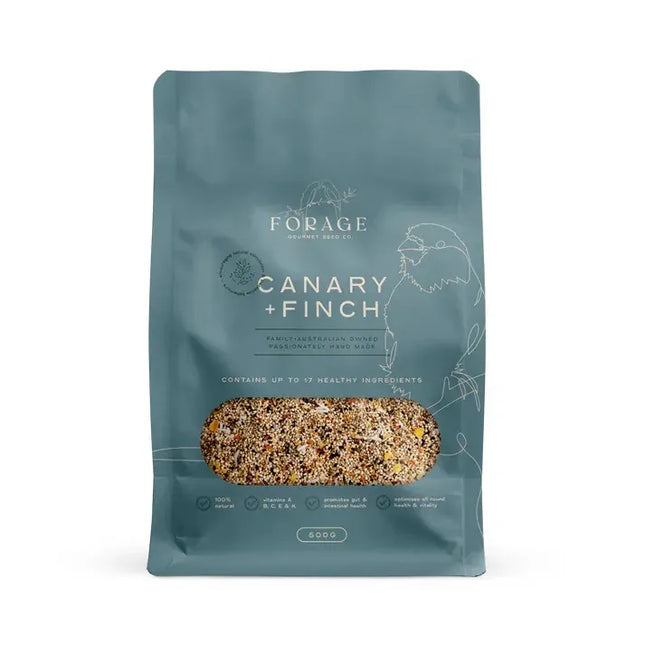 Forage Gourmet Canary and Finch 500g bird cage accessory by Macaw and Friends, showing colorful bird treats and foraging mix in a clear bag.