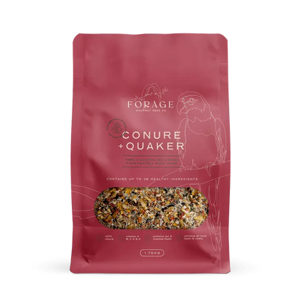 Macaw and Friends Forage Gourmet Conure and Quaker bird cage accessory with colorful foraging toys and treats for pet birds.