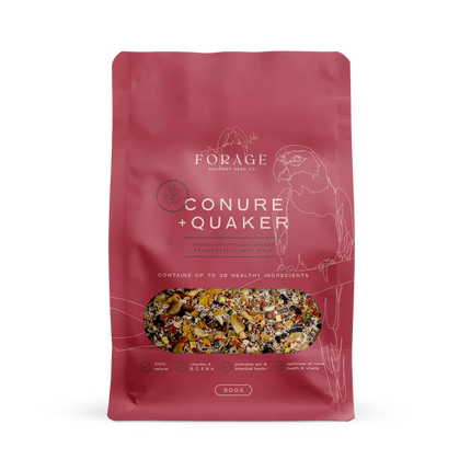 Macaw And Friends forage gourmet for conure and Quaker parrots in a bird cage accessory, featuring colorful mixed ingredients.
