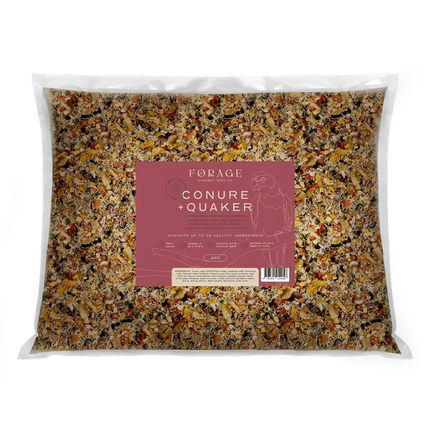 Forage gourmet mix for conure and quaker parrots in a bird cage accessory by Macaw and Friends, featuring colorful seeds and grains.