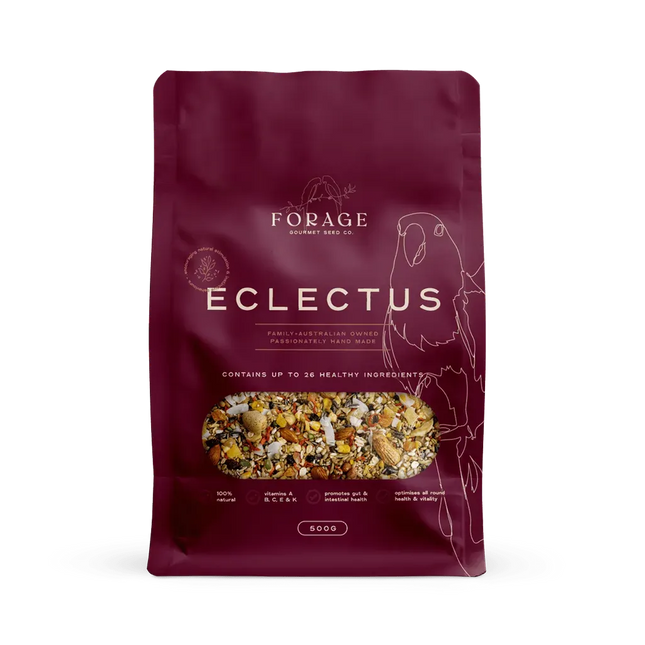 Eclectus bird forage gourmet mix in a clear container, designed for pet bird cage accessories by Macaw And Friends.