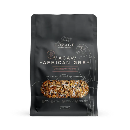 Forage Gourmet bird food for macaws and African grey parrots in 1.75kg bag by Macaw And Friends, suitable for bird cage feeding.