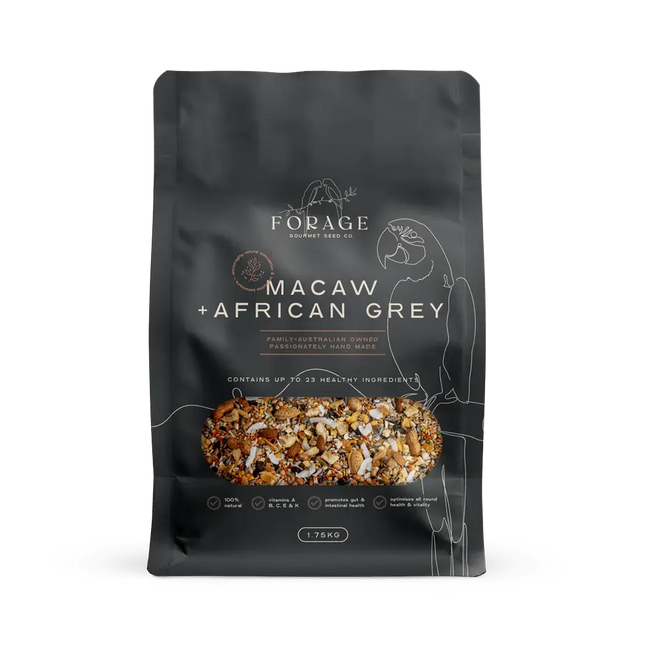 Forage Gourmet bird food for macaws and African grey parrots in 1.75kg bag by Macaw And Friends, suitable for bird cage feeding.